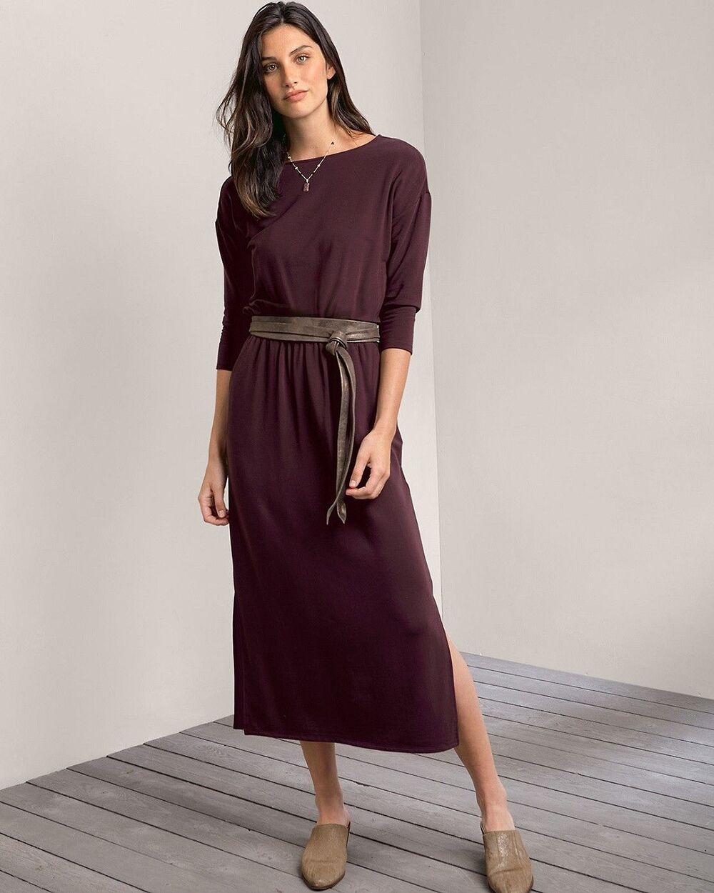 Garnet Hill Bateau Neck Knit Midi Dress med Side Slit Pockets Elastic Waistband